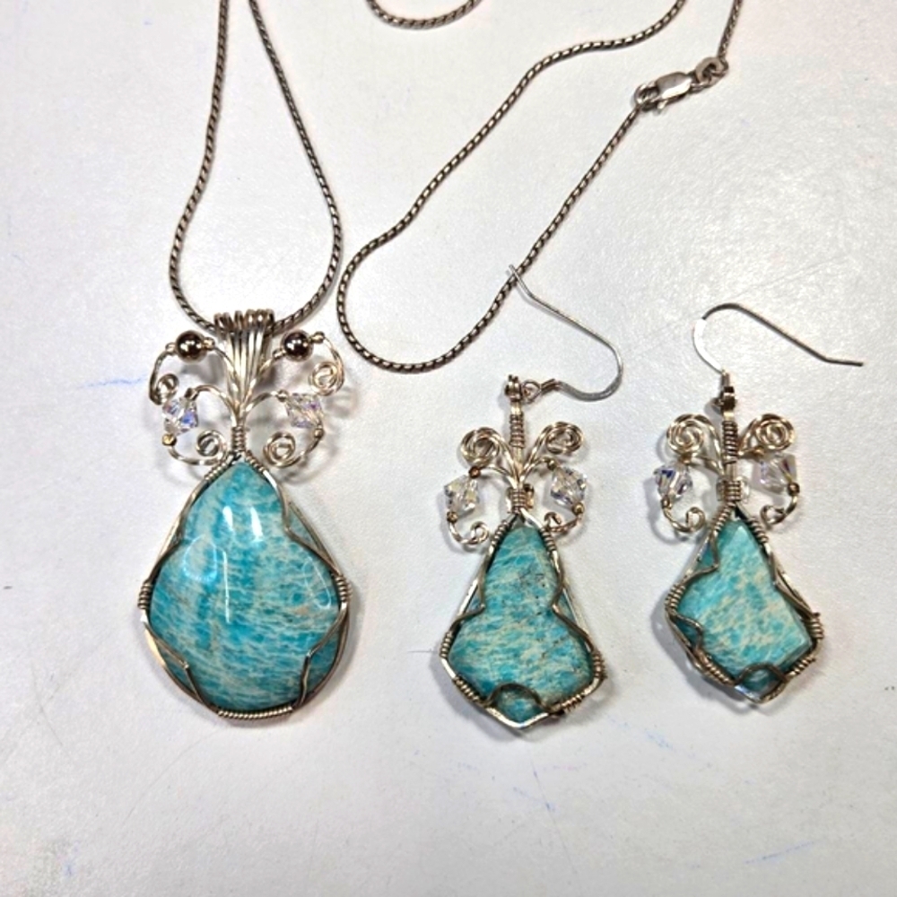 Blue Amazonite Gemstone Wire Wrapped Pendant Necklace and Earrings Set